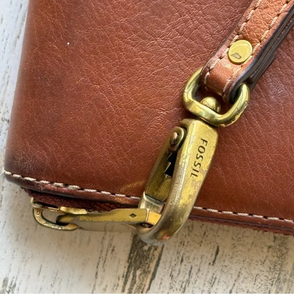 Fossil Cognac 'Sydney' Leather Zip Around Clutch Wristlet Wallet Large Size